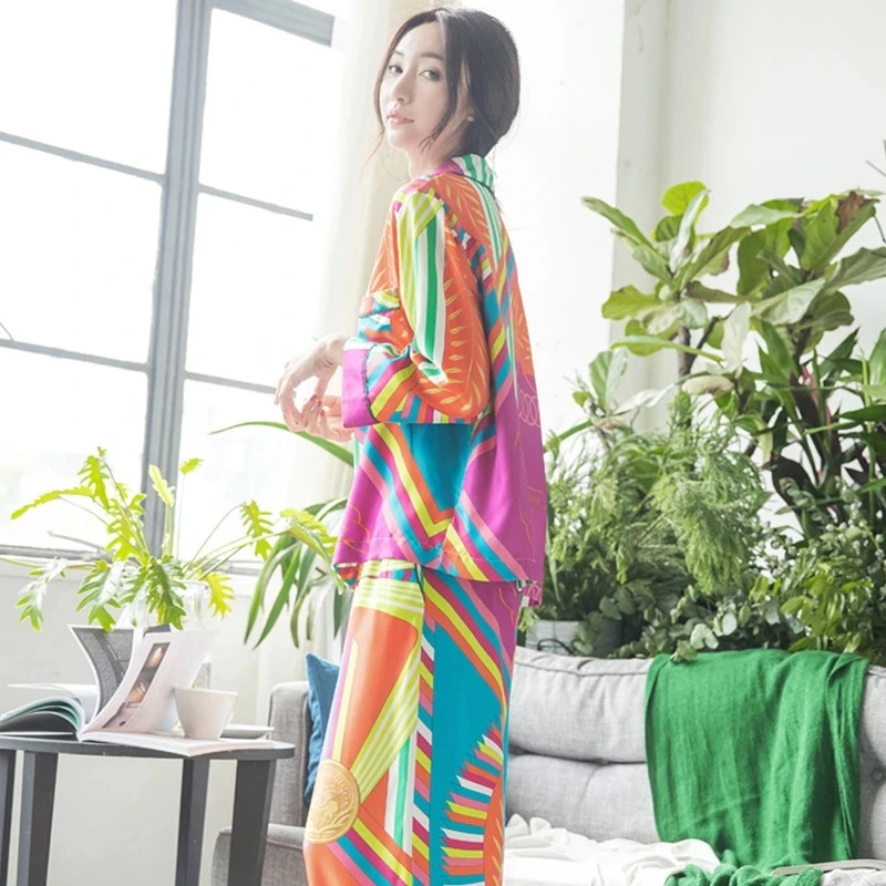 Women Silk Pajamas Autumn Korean Fashion Sleepwear Loose Cardigan Long Sleeves Pants Set 2 Piece Sexy Satin Pyjamas Home Clothes