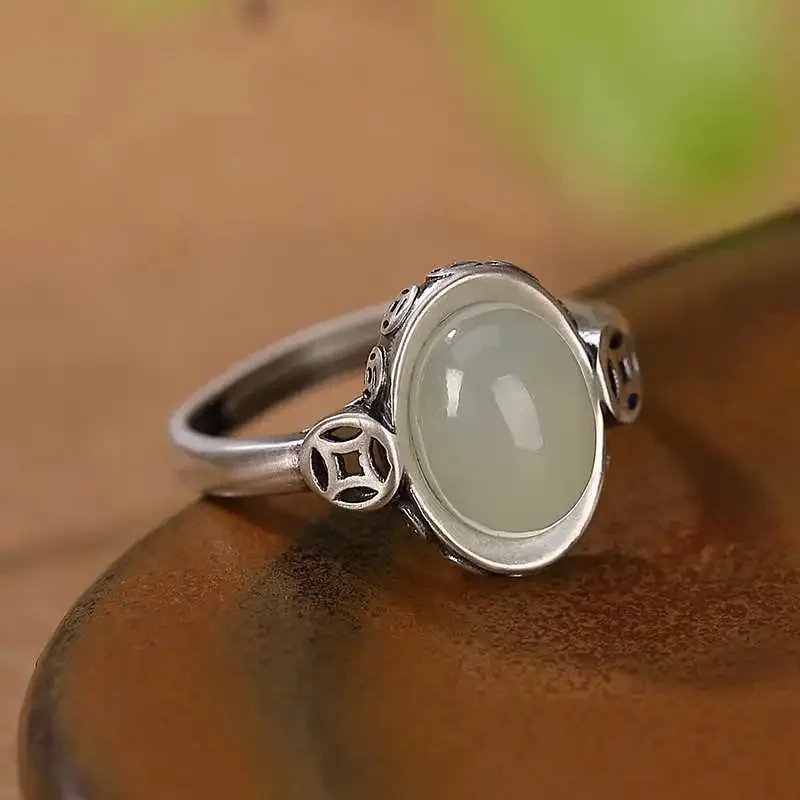 خمر Yuanbao الفضة 925 التصميم الكلاسيكي الطبيعي Hotan اليشم الأبيض النحاس عملة سحر أقراط امرأة خواتم مجموعات مجوهرات