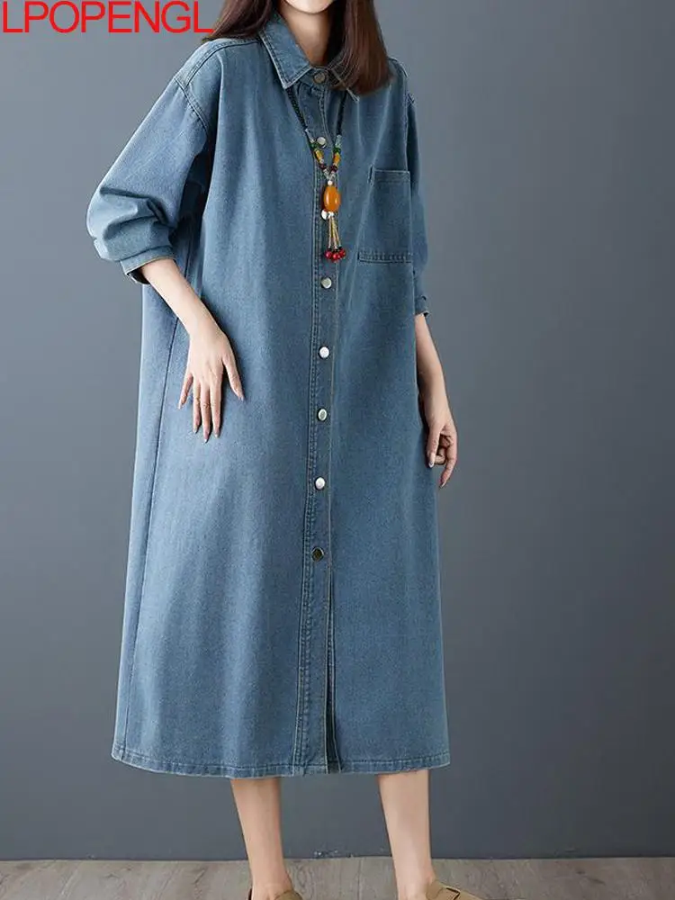 

Новое женское джинсовое платье-рубашка с длинным рукавом, однотонное, прямого кроя, в стиле ретро, на одной пуговице, весна 2026