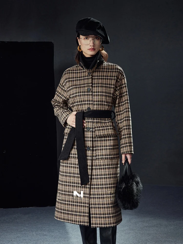 

Jiancha Winter Faionable Woolen Coat Vintage Color Blo Plaid Midi Length Button up Ladies' Commute Sle Long Sve