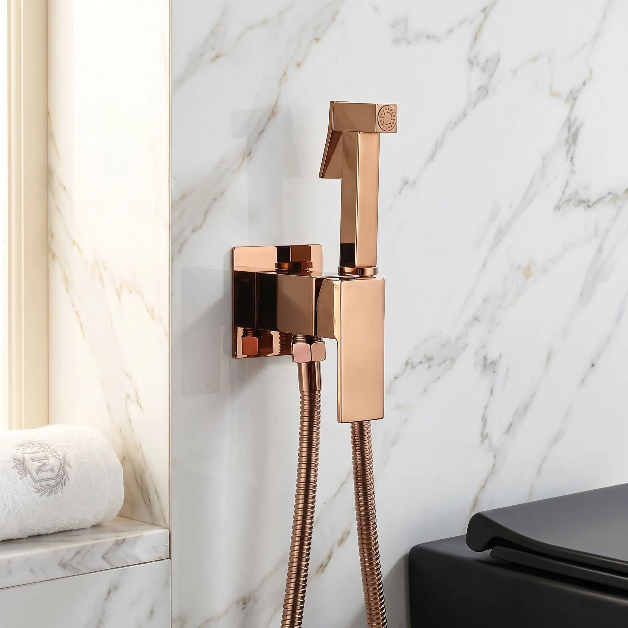Polished Rose Gold Brass Square Shower Bidet Spray Bidet Faucet Cold And Hot Water Mixer Tap Toilet Faucet