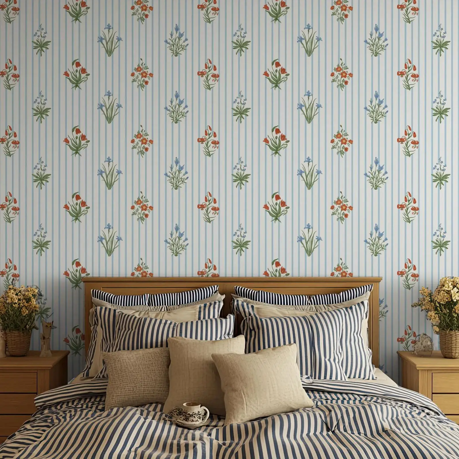 White and Blue Floral Botanical Peel & Stick/ Regular Wallpaper,Retro Vibe Kitchen Wall Decal, Classic French Style Wall Mural
