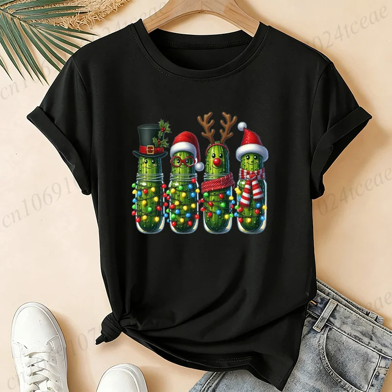 Women Funny Christmas Pickle T‑Shirts Cute Holiday Cucumber With Lights Print Short Sleeve Casual Tops Xmas Holiday Gift Tees