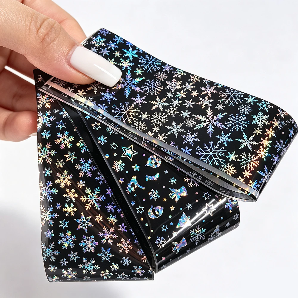 10Pcs Laser Holographic White Snowflake Nail Transfer Foil Stickers Multiple Snowflakes Pattern Nail Transfer Decals DIY Decor