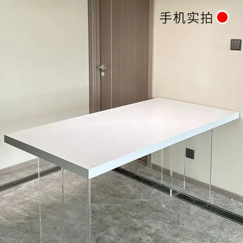 Dining room furniture Suspended rock slab dining table Acrylic table legs Modern simple rectangular table Pure white