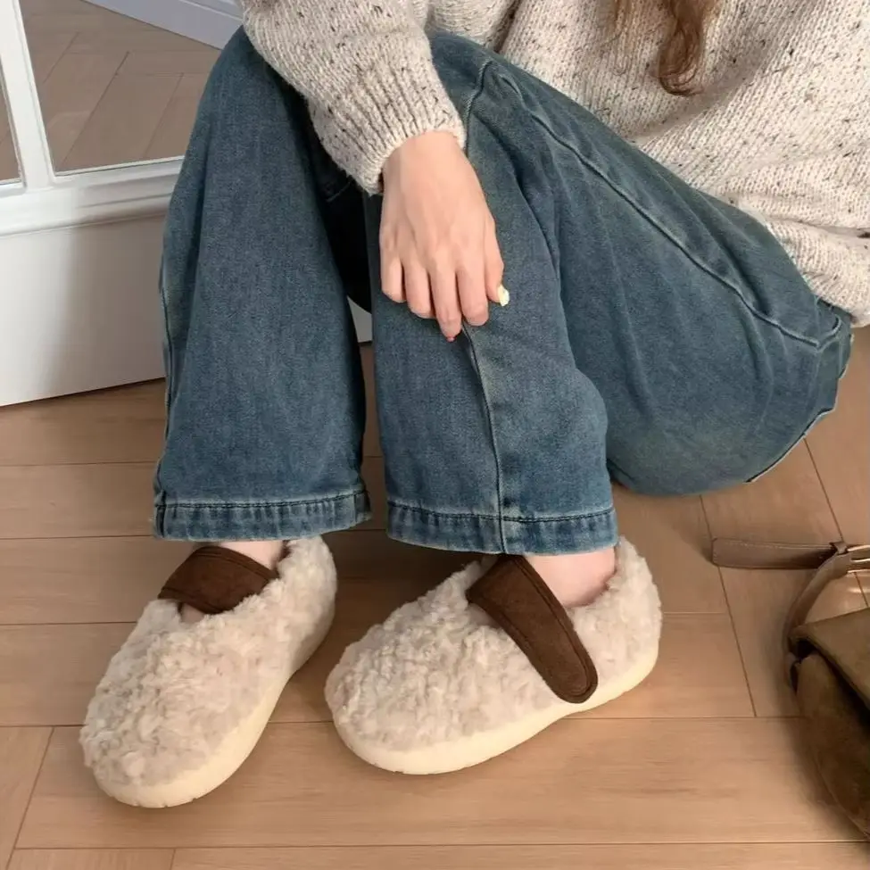Autumn Winter Retro Patchwork Colour Slippers Outer Wear Casual Non-slip Warm Fleece Soft Comfortable Female Women