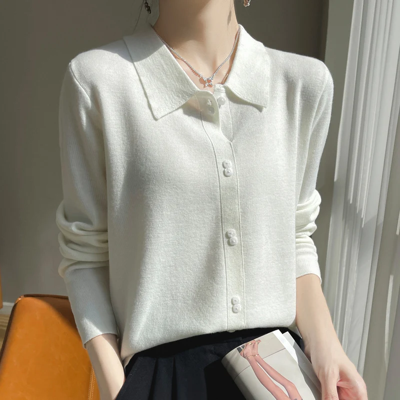 2024 Spring New Wool Sweater Women\'s POLO Neck Knitted Pullover Loose Foundation Warm Top