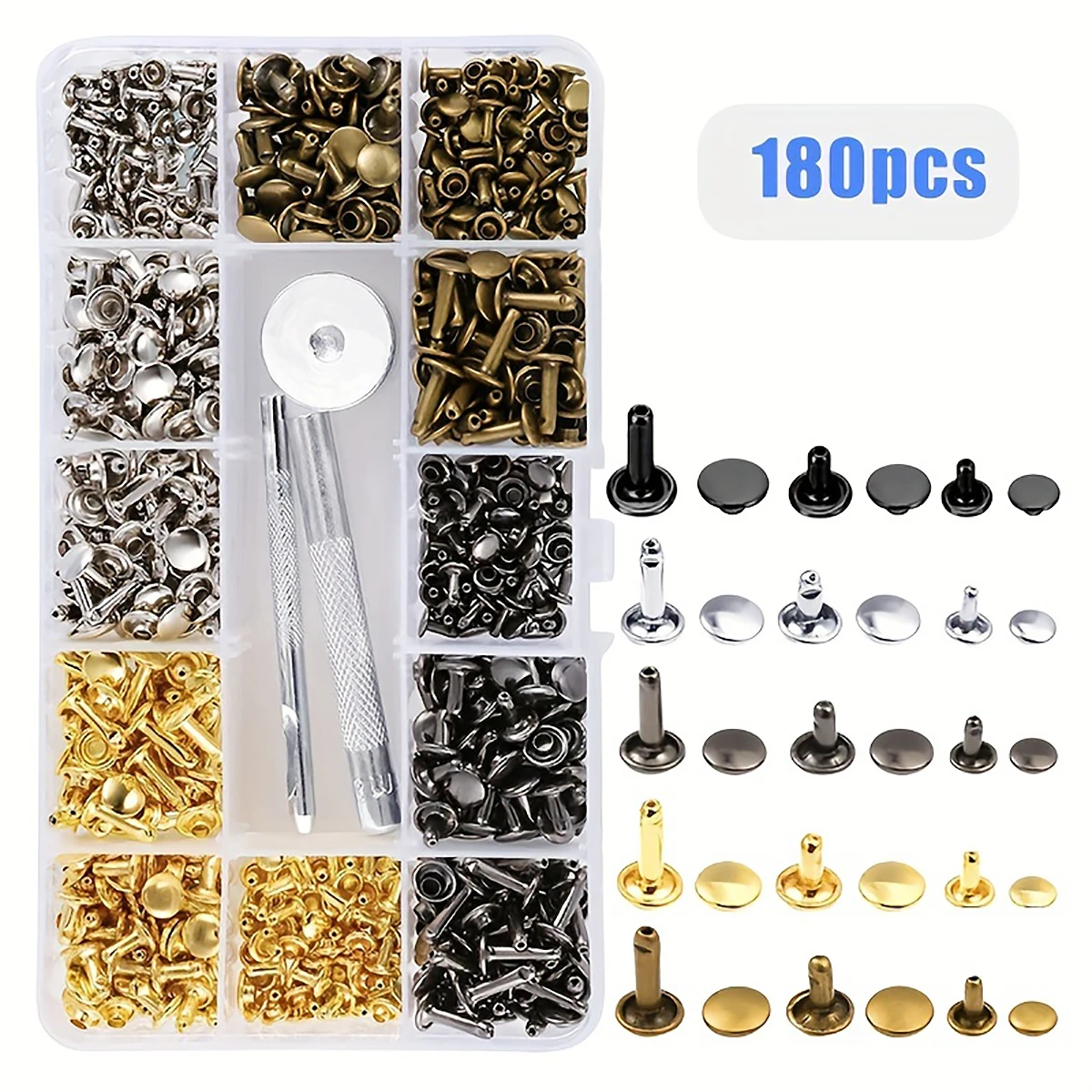 Leather Rivets 3 Sizes Double Cap Rivet Tubular Metal Studs Kit for Leather Craft Repairs Tool Decoration