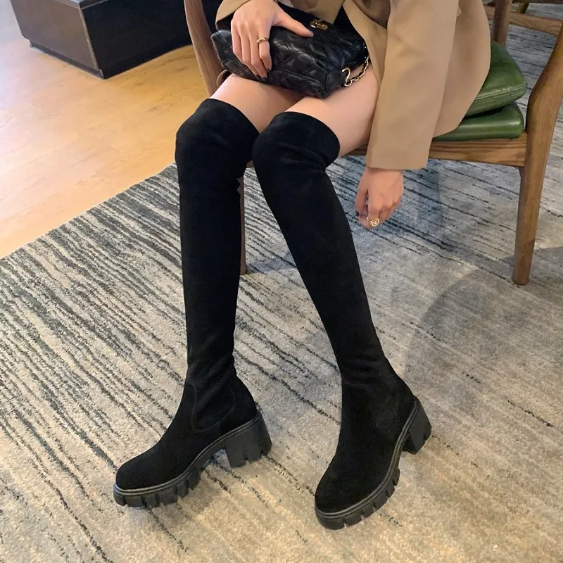 Over-The-Knee High Boots Leather+Stretch Woman Shoes On Heel 6 CM Thick Platform Winter Boots Slip On Warm Thigh High Boots