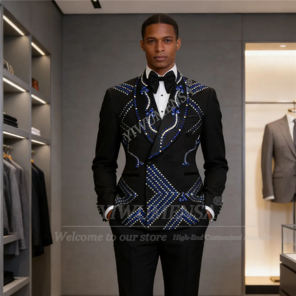 

Элегантные мужские костюмы с бриллиантовыми камнями, комплект из 2 предметов: двубортный пиджак и брюки, индивидуальный пошив, свадебные смокинги для жениха, наряды для торжественных мероприятий