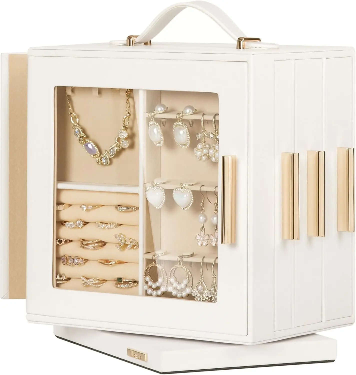

Jewelry Box 360 ° Rotating Jewelry Organizer with Transparent Window, Mirror, 7 Drawers, Large Ring Display