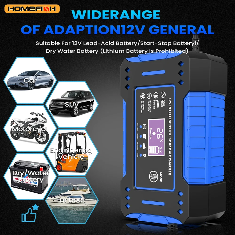 Battery Repair LCD Display 6A 12V Intelligent Car Battery Charger Car and Motorcycle Battery Charging Unit Lead-Acid