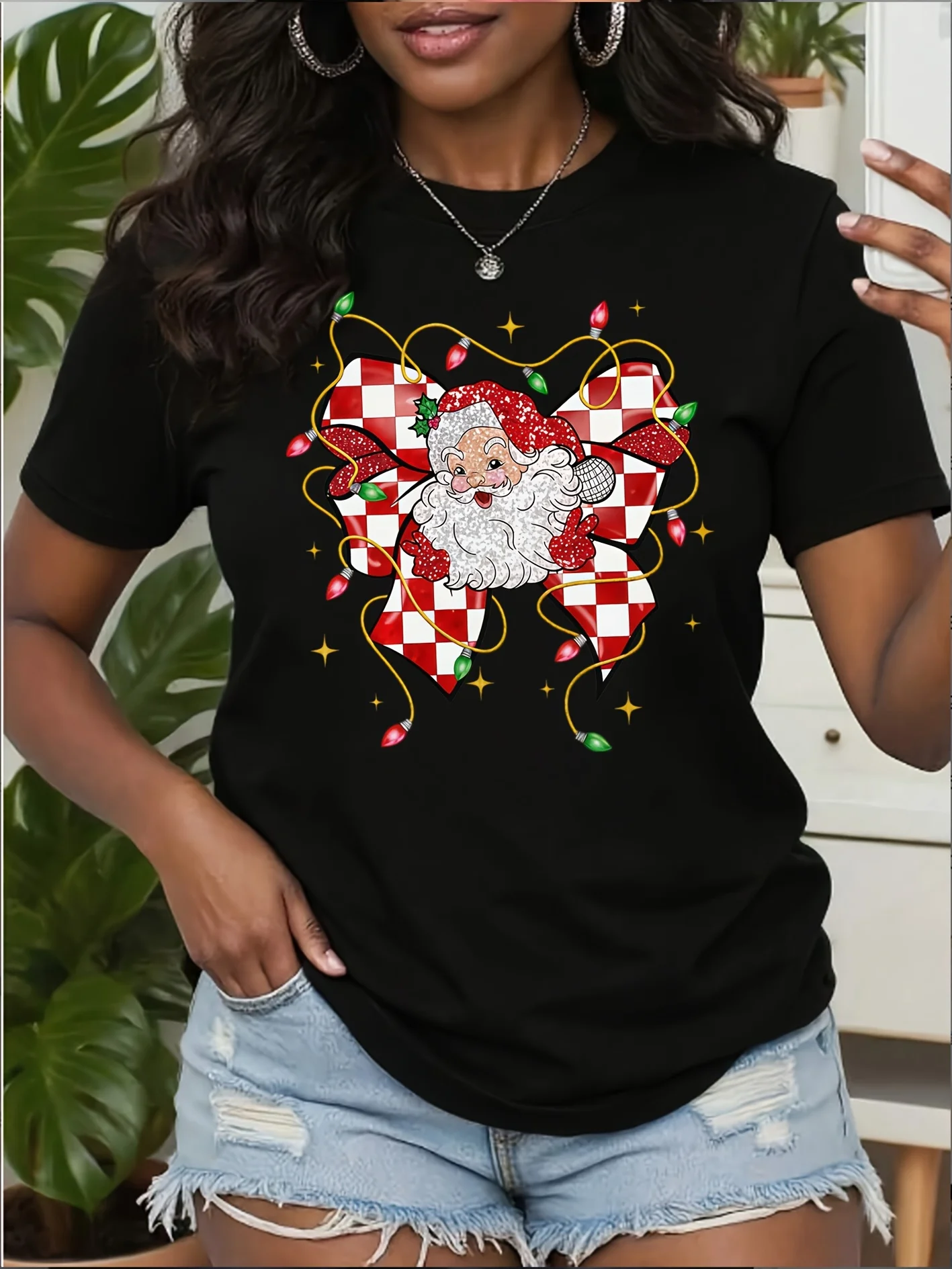 Women's Christmas Short Sleeved Shirt with Red Checkered Bow Santa Claus Print Round Neck Holiday Gift Fashionable Women's Shirt