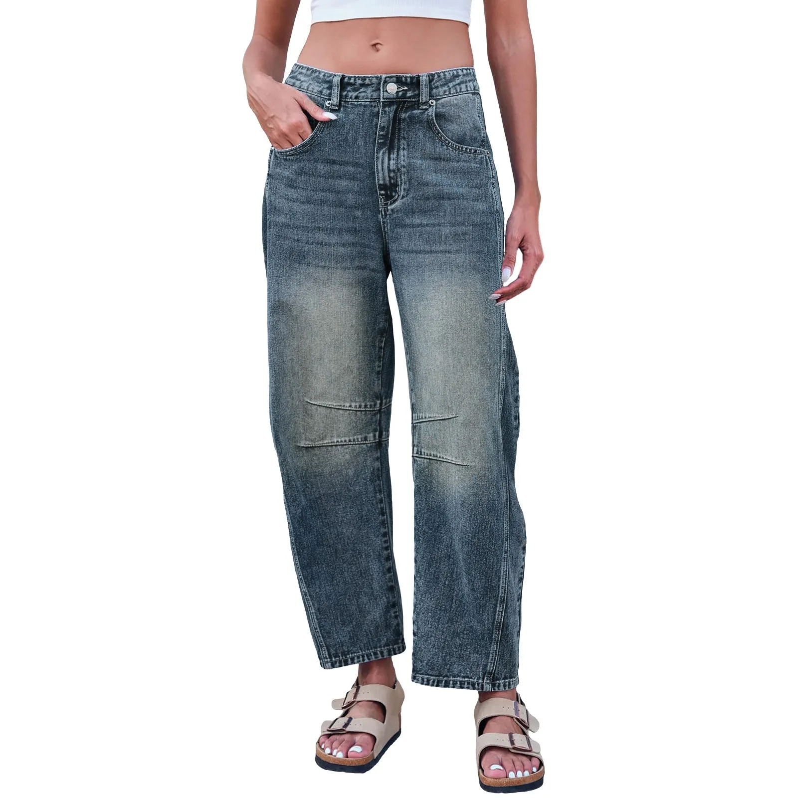 Women High Stretch Mid-Rise Barrel Jeans Fashion wide Leg Shape Women Casual Baggy Mid Waist Denim Jeans Women Pants