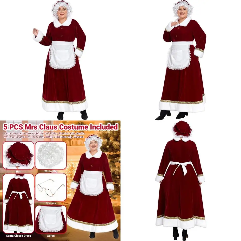

Adult Velvet Santa Claus Mrs. Claus Costume Set with Hat, Apron, White Wig, Glasses, and Christmas Suit for Women