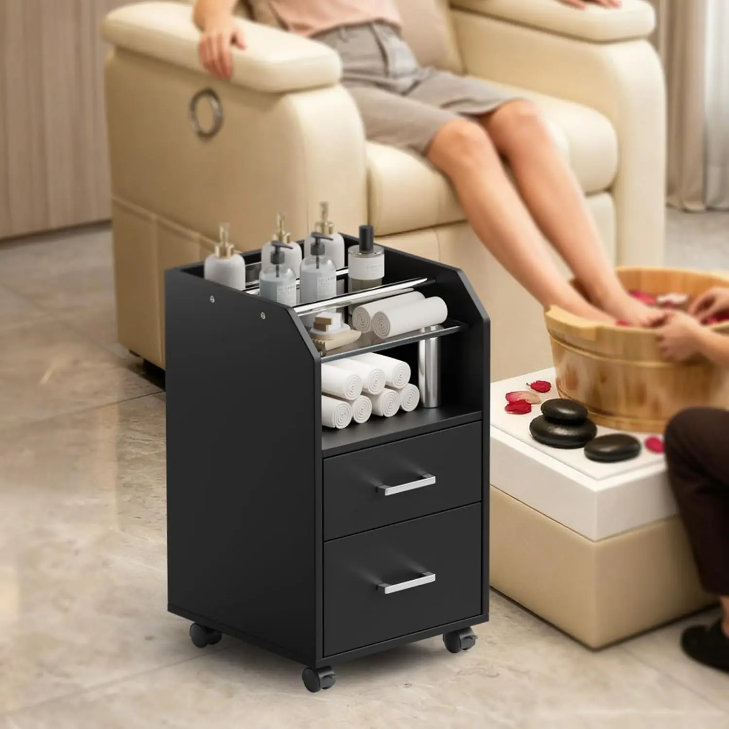 Pedicure Cart Foot Bath Trolley Storage Drawer Bottle Racks Portable Salon Station Esthetician Manicure Foot Massage Beauty Spa