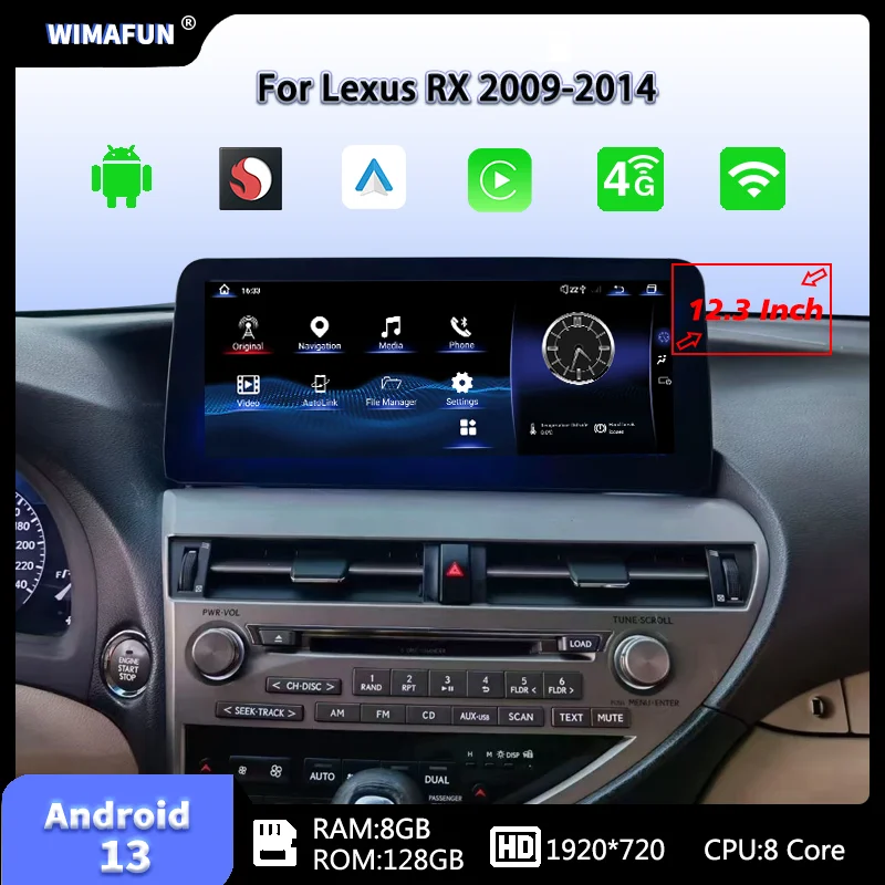 12.3 Inch For Lexus RX RX270 RX350 450 Android 13 CarPlay 2009 to 2014 Reserved OEM Menu Car Radio Multimedia Video Player