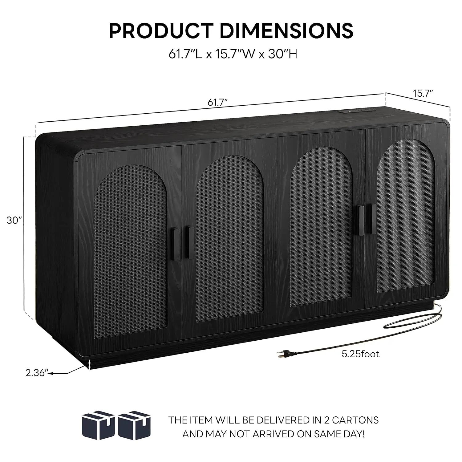 62-Inch Rattan Sideboard Cabinet with LED Light & Power Outlet, Storage Organizer for Dining Living Room, Black, Customized