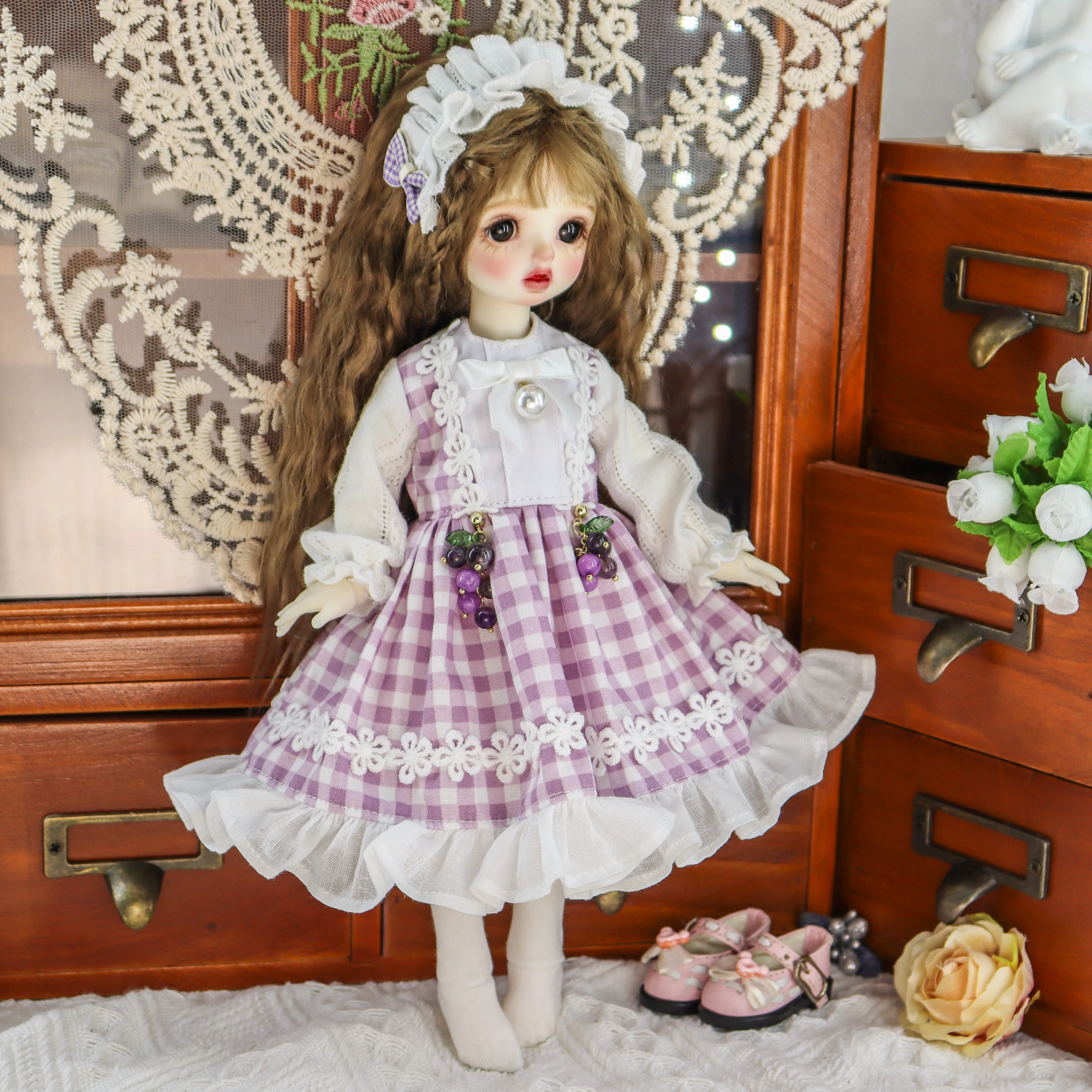 1/6 1/4 1/3 BJD dress + hair Clips doll retro dress Purple Check Set for 1/3 1/4 1/6 BJD SD DD 1/6 Blyth doll accessories