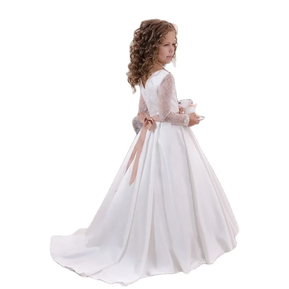 

First Communion Dresses Satin Long-sleeved Lace Bow Flower Girl Princess Dress Wedding Dance Party Dream Kids Gift