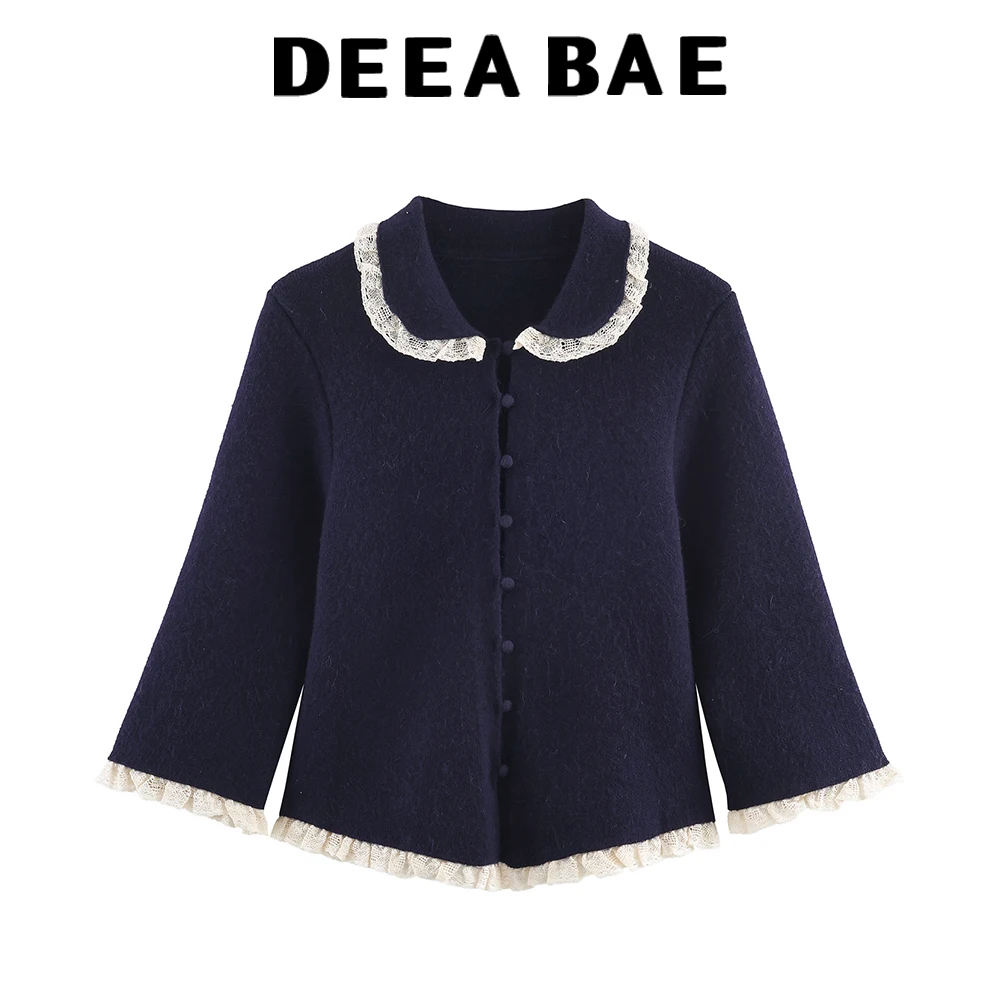

DEEABAE Winter new product French retro long sleeved lace embellished small round lapel knitted cardigan jacket