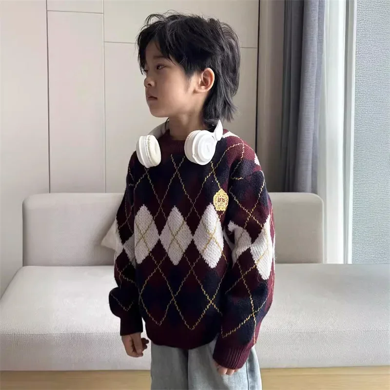 

Boys Woolen Sweater Crochet Cotton Windbreak 2024 Plaid Plus Thicken Autumn Winter Pullover Warm Children's Clothing