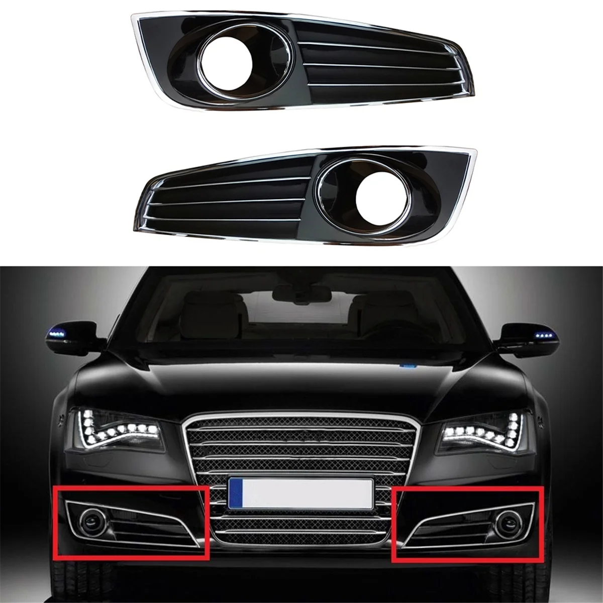 1 Pair Car Fog Lamp Shade Under Front Bumper Lamp Fog Lamp Frame Grid 4H0807679 4H0807680 for Audi A8 D4 2010-2014