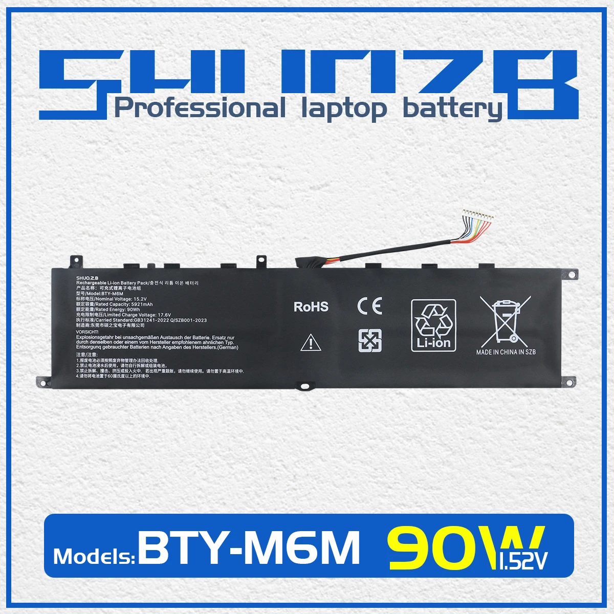 

SHUOZB BTY-M6M Laptop Battery For MSI GE66 GE76 Raider 10SF GS66 10SE GP76 WE76 11UE 11UG GE76 WS66 Creator 15 A10SD A10SF 15.2V