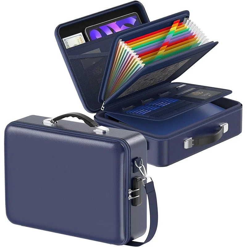 

Fireproof Document Box with Lock Shoulder Strap, Hard Shell Case File Organizer with Accordion File Folder, Multi Layer Portable