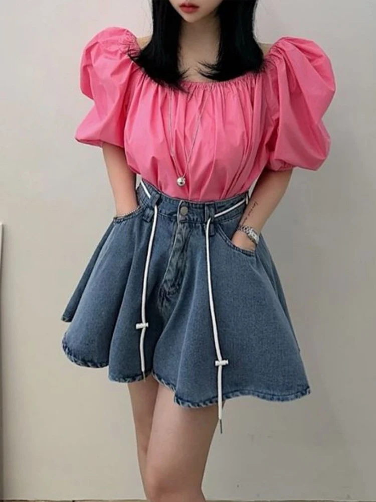 เกาหลีSleหลวมผู้หญิงDenim ortsอเนกประสงค์Faionableฤดูร้อน 2024 ใหม่ร้อนกางเกงเอวสูงOrความยาวสีฟ้าDenim