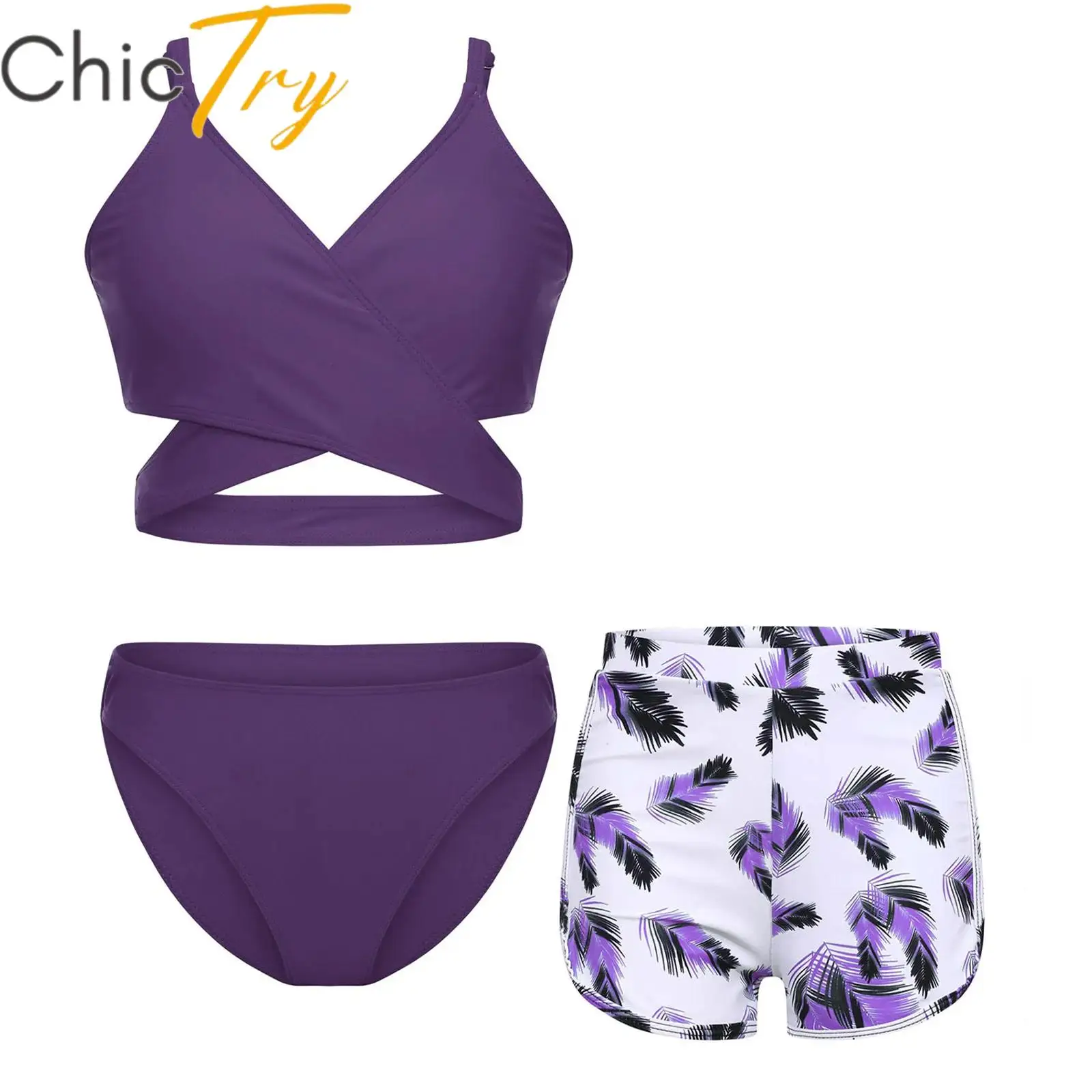 

Kids Girls Swim Sets Swimwear Bathing Suit Adjustable Straps Cross Bikini Bra with Briefs and Feather Printed Shorts Beachwear