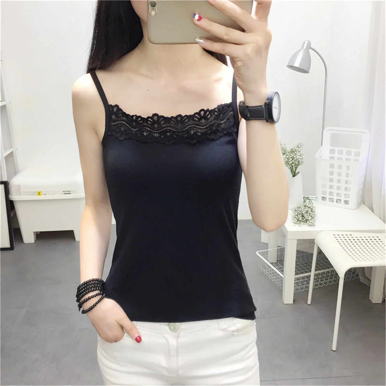 2024 Women's Spaghetti Strap Tank Tops Ladies Cami Top All-matching Lace Camisole Summer Camis Crop Tops Sport Sleeveless Tops