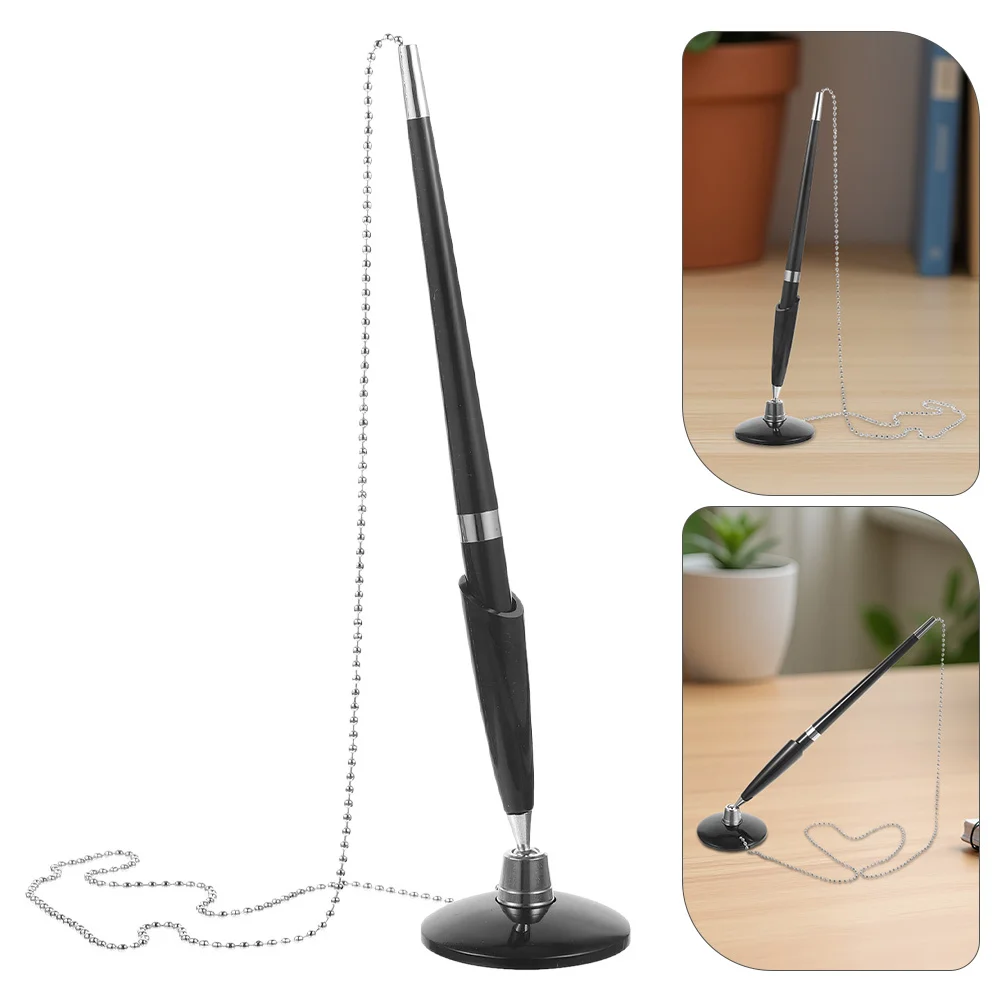 

6Pcs Black Writing Pens Business Counter Pen with Chain Adhesive Base 360 Rotating Stand for Office Bank Reception