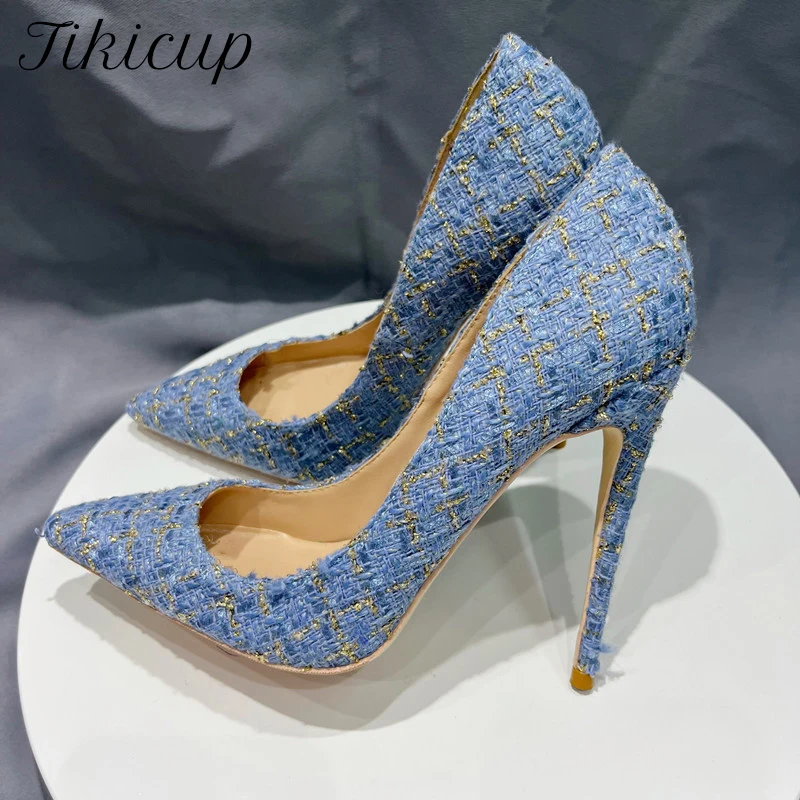 Tikicup Plus Size Blue Plaid Pattern Women Pointy Toe High Heel Shoes Elegant Ladies Chic Stiletto Pumps Customize 8cm 10cm 12cm