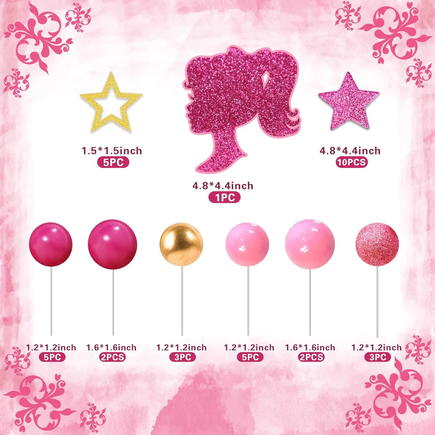 36 pçs rosa quente menina bolo topper bolas decorações de bolo com bolas rosa e douradas estrelas brilhantes para o aniversário da menina do casamento