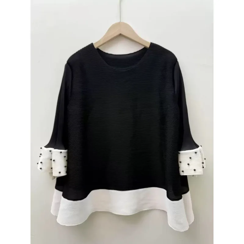 T-shirt Long Sve avec perles de couleur pliée, pantalon ample à jambes larges, vêtements d'extérieur simples, taille haute, automne