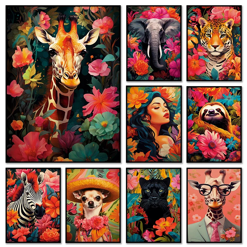 Blumen Giraffe Zebra Elefant Leopard Faultier Dschungel Poster Diamantmalerei und Kunstdruck Wildtier-Geschenk Tiermotiv Wanddekoration