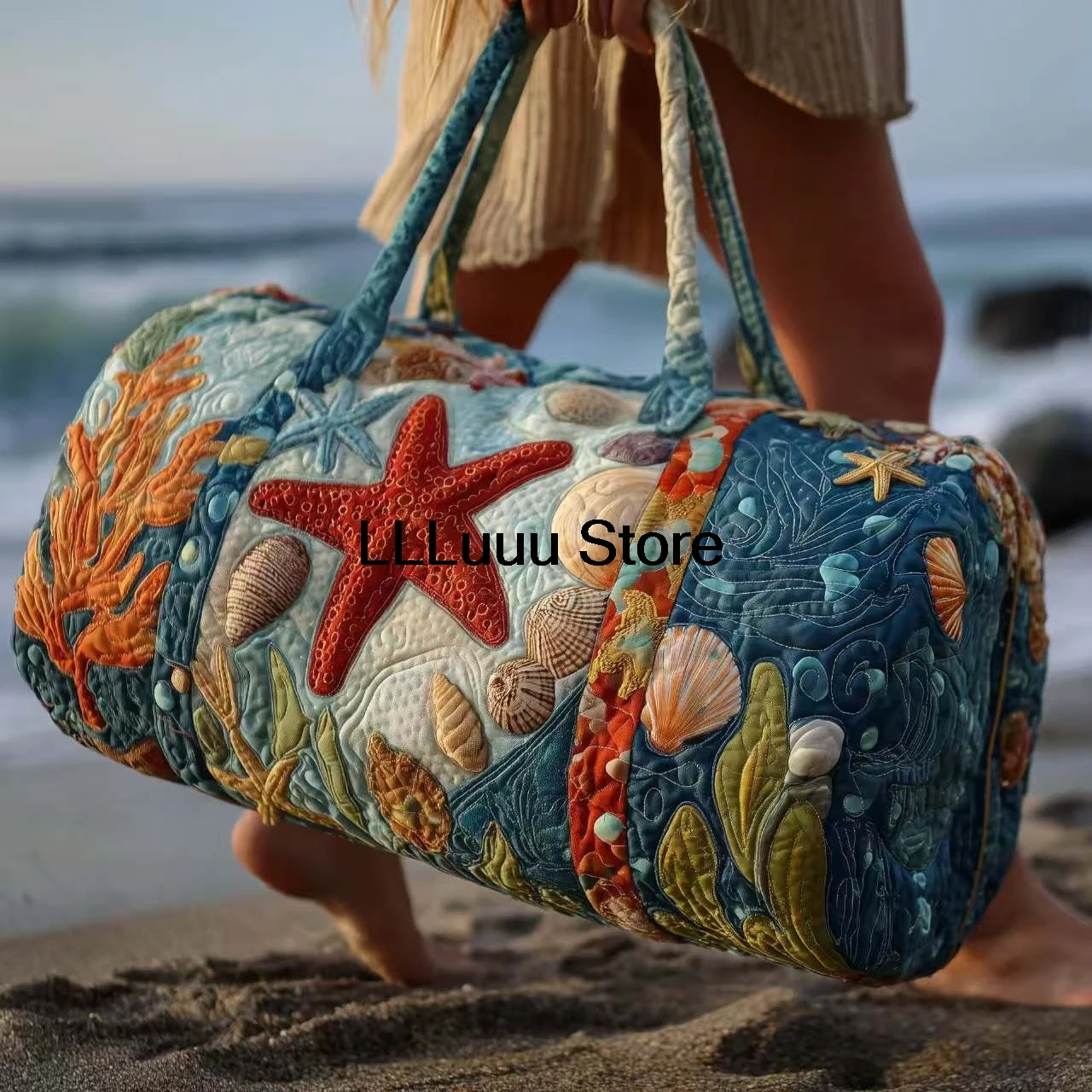 

3D Coastal Starfish Print Quilted Duffle Bag Ocean Patchwork Travel Tote Men Women Weekender Bag Outdoor Road Trips