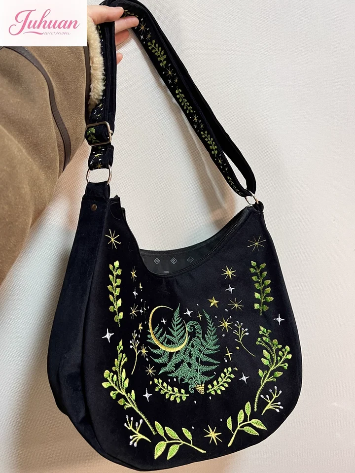 

Dark Gothic Witches Plant Moon Star Embroidery Flannel Underarm Crossbody Bag Vintage Large Capacity Women's Shoulder Bags