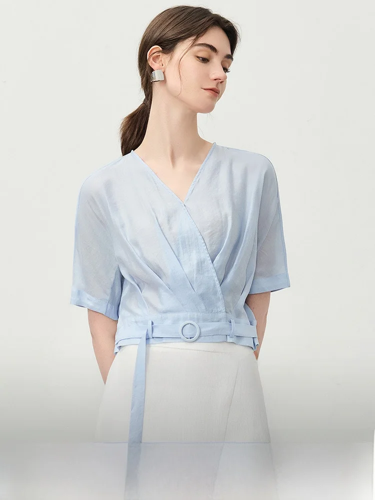 

ort Sve irt Women's Faionable Ele Summer New Sle gue Casual Loose Fit Button up V-Ne Top
