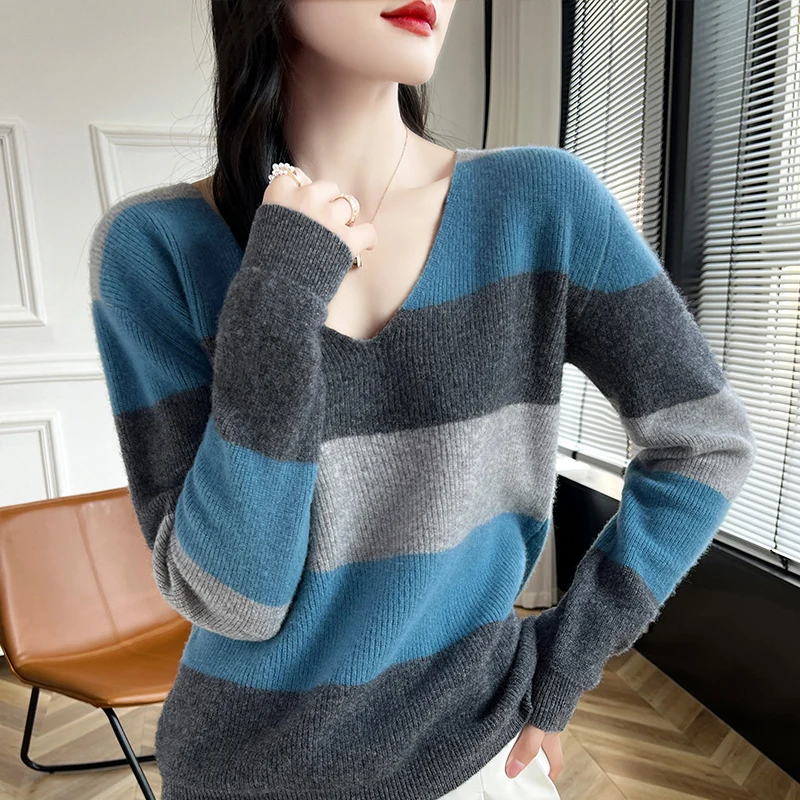 Autumn And Winter Women\'s Warm Sweater 100% Merino Wool Knitted Fashion Shirt With V-Neck Loose Sweater Ladies Pullover Tops