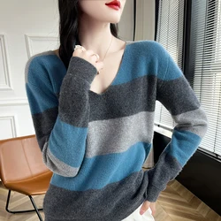 Autumn And Winter Women's Warm Sweater 100% Merino Wool Knitted Fashion Shirt With V-Neck Loose Sweater Ladies Pullover Tops