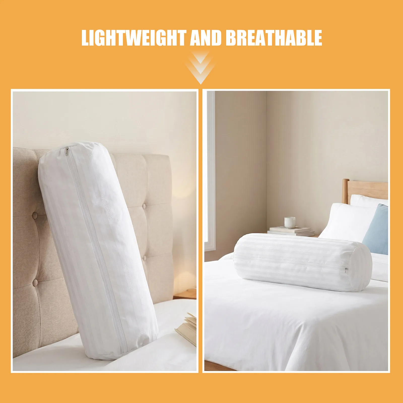 2Pcs Cylinder Neck Pillow Covers White Removable Zipper Round Bolster Pillowcase for Sofa Bed Lumbar and Cervical Support