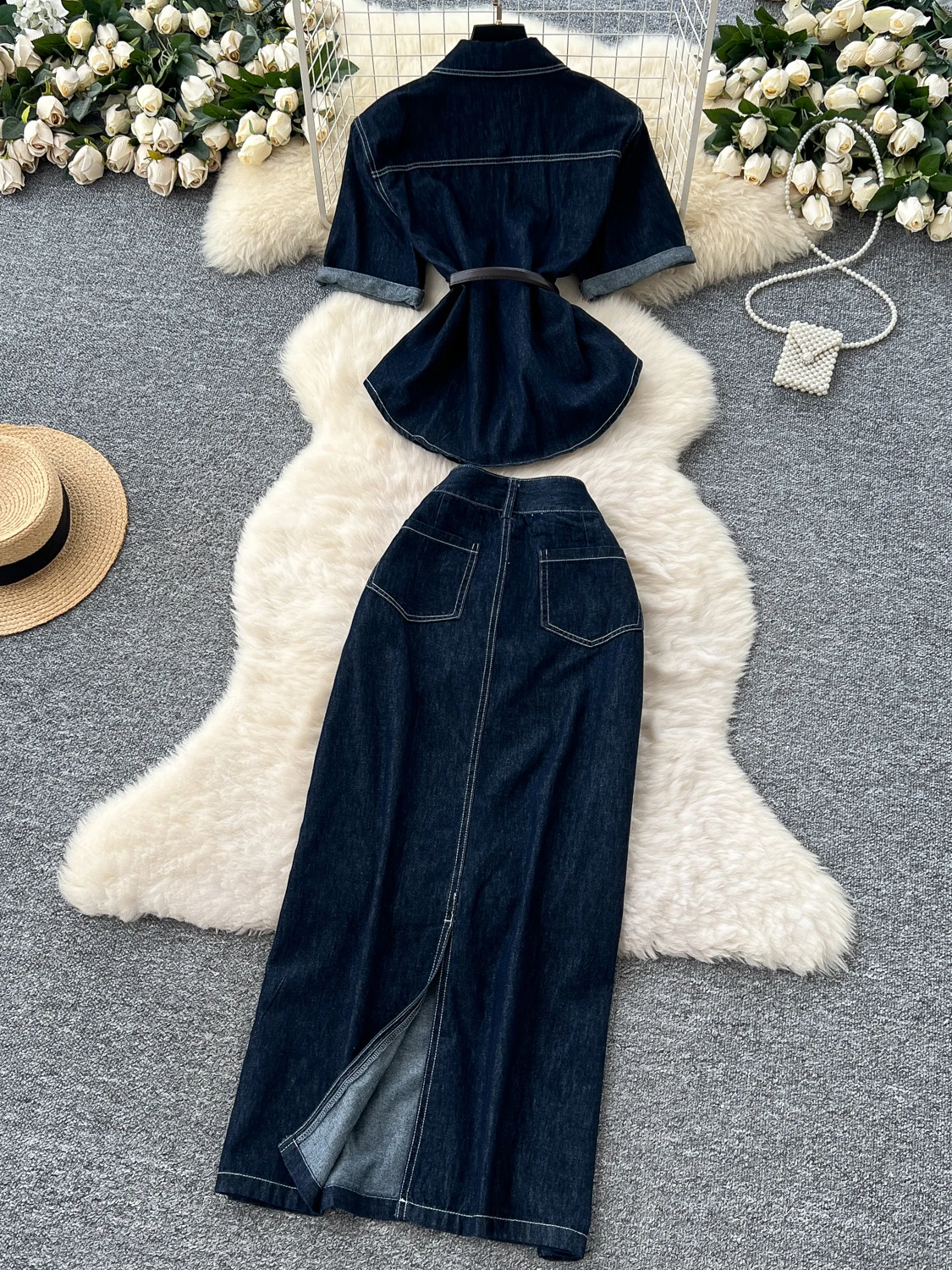 ハイウエストスリットデニムスカートと半袖トップス レディースファッションセット サマーツーピース outfits ボディコンミニドレス カジュアルウェア
