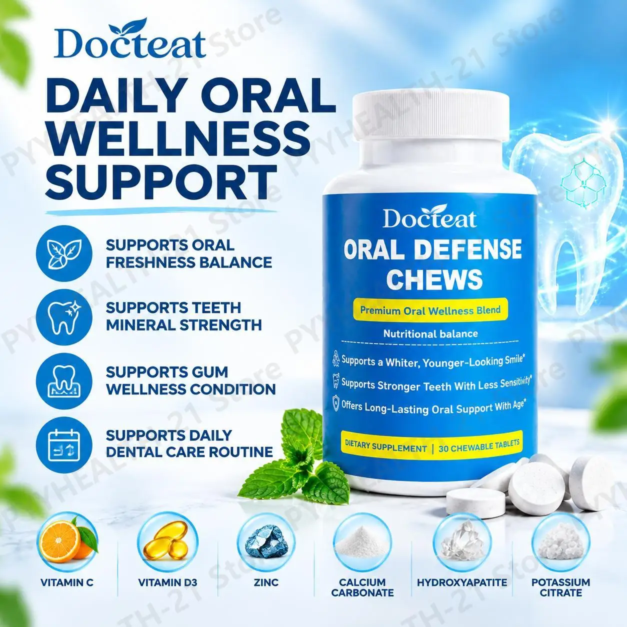 Oral Defense Chewable Tablets Supports Oral Freshness Care Enamel Strength Hydroxyapatite Vitamin C D3 Zinc 30pcs Fresh Breath