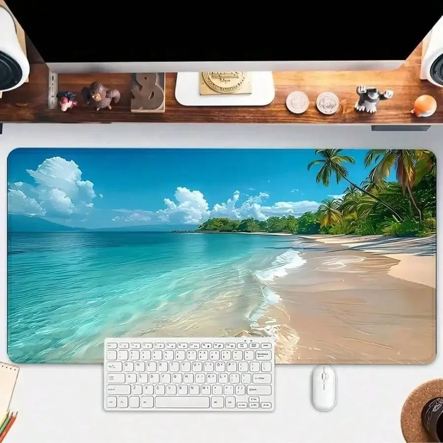 Blue Ocean Mouse Pad Summer Beach Desk Pad Large Desk Accessories Rubber Base With Stitched Edge Non-Slip Keyboard Pad For Office Home Computer As Gifts For Men Women Friends Back To School Gaming Mouse Pad