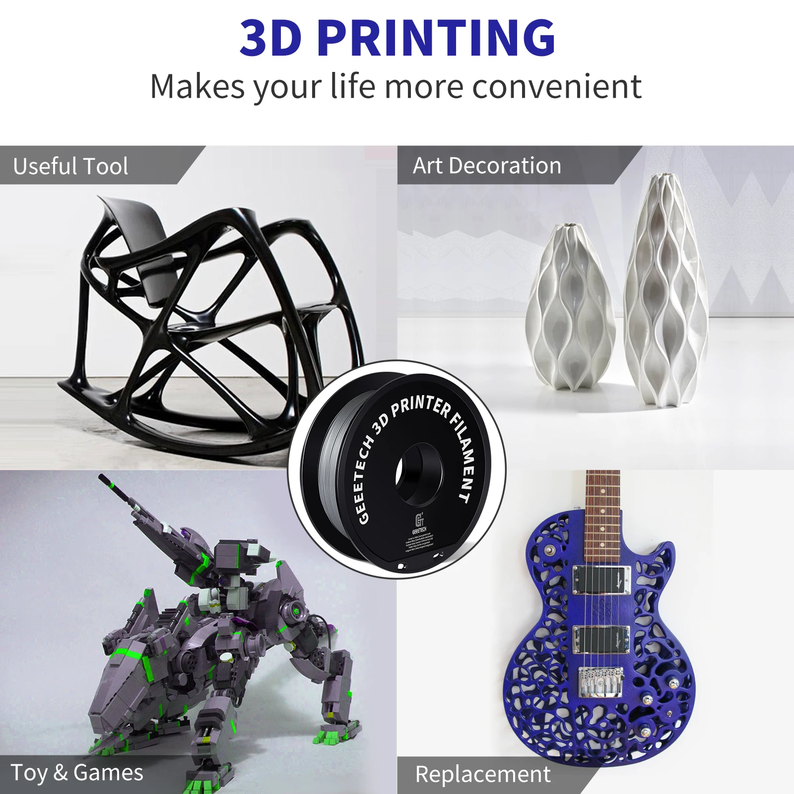 Filamento GEEETECH PETG 1kg 1,75mm ±0,03mm para impresora 3D, impresión 3D de 1KG (2,2 libras) envío rápido, embalaje al vacío, sin enredos