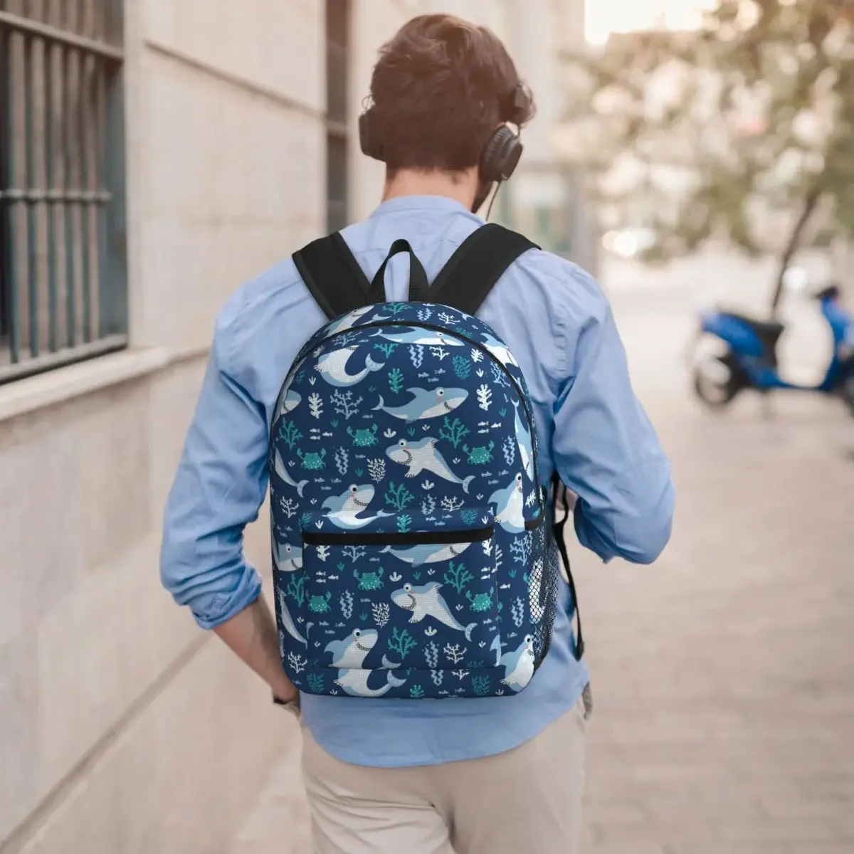 Blue Cartoon Shark Animal Pattern Backpack Student BookBag Kids School Bag Computer Shoulder Bags for Men Women