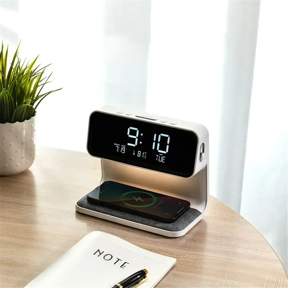 LED Adjustable Night Light 10W Wireless Charge with Digital Alarm Clock Touch Bedside Atmosphere Desk Lamp Brightness Bedroom