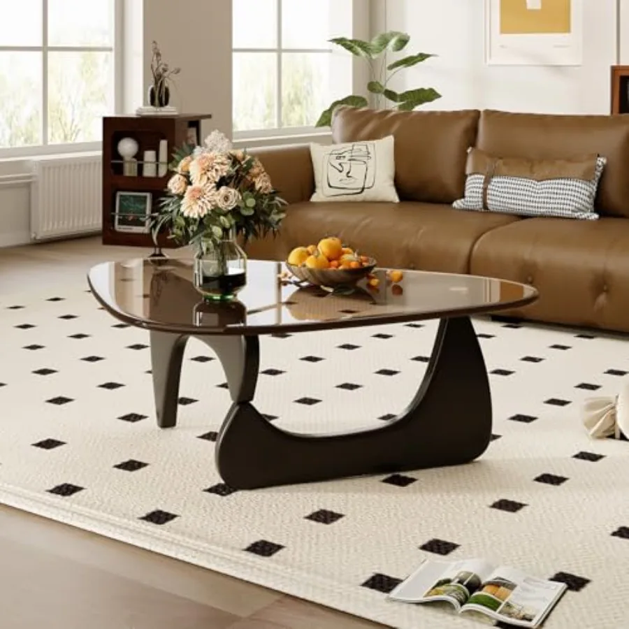 Stolik kawowy do salonu w stylu mid-century modern z szklanym blatem i drewnem dębowym, brązowo-czarny.